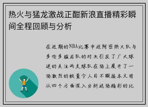 热火与猛龙激战正酣新浪直播精彩瞬间全程回顾与分析